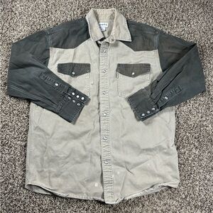 Carhartt Western Snap Shirt Distressed Faded Tan Gray Workwear Men’s SZ Large
